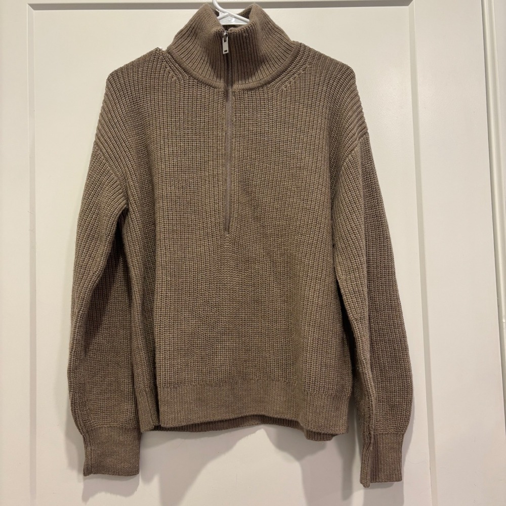Quince Mens 100% Merino Wool Quarter Zip Sweater Brown‎ Ribbed Fisherman S NEW